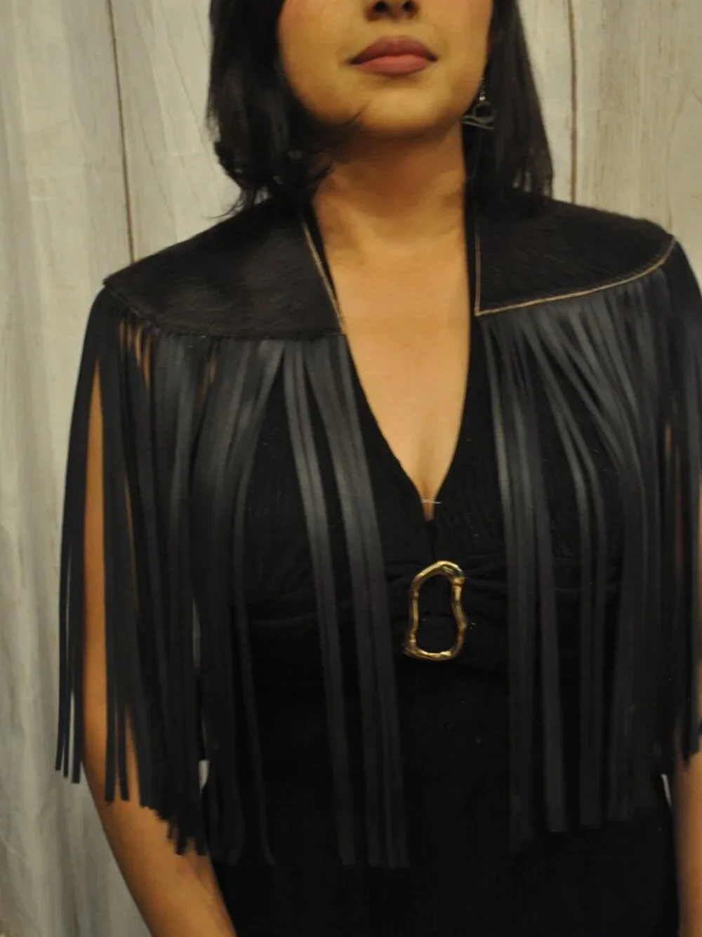 Black Cowhide & Leather Fringe Shawl – Western Statement Cape - Picture 2 of 3